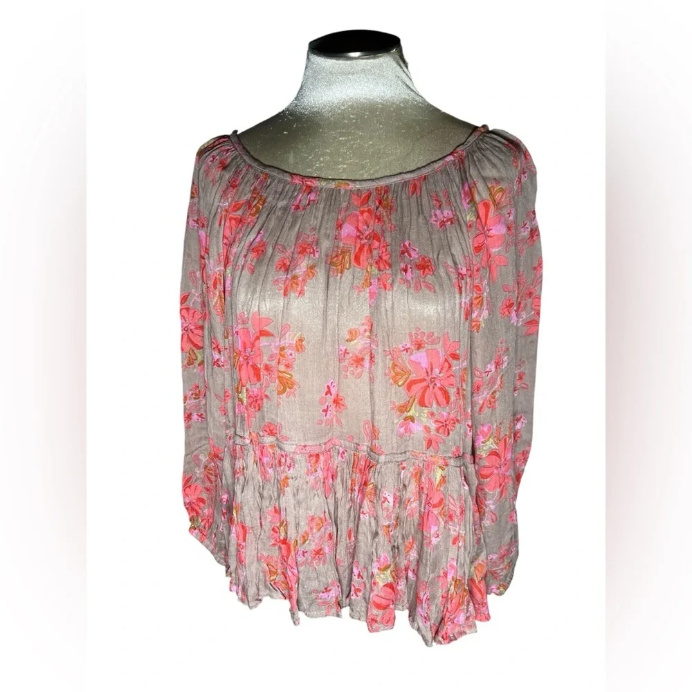 NATURAL LIFE boho Pink and Gray Floral Blouse one size women’s